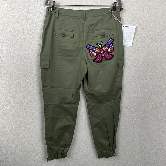 NWT Jeremy Scott Military Green High Rise Cargo Pants Butterfly Guns Patch Sz 8 - Picture 8 of 16